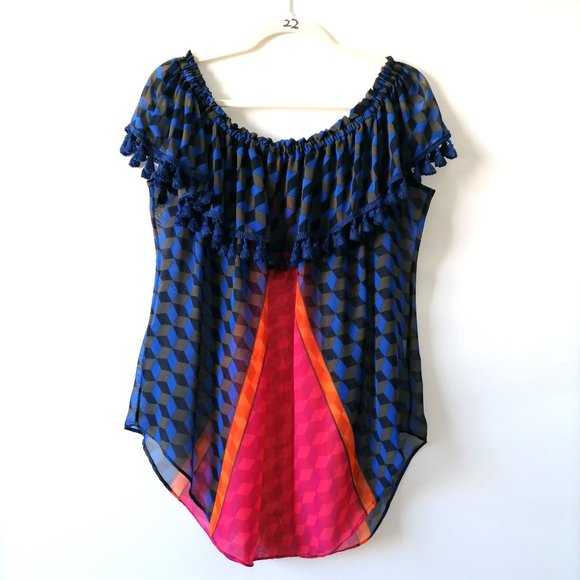 Atina Cristina Womens Multicolor Off The Shoulder Tasseled Geometric Top Size XL - Picture 1 of 7